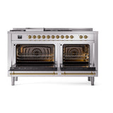 ILVE 60-Inch Nostalgie II Noblesse Propane Gas Dual Fuel Range with 7 Sealed Burners, Gridlde, French Top, and Solid Door Oven in Stainless Steel with Brass Trim (UN60FSQNMPSSGLP)