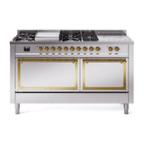 ILVE 60-Inch Nostalgie II Noblesse Natural Gas Dual Fuel Range with 7 Sealed Burners, Gridlde, French Top, and Solid Door Oven in Stainless Steel with Brass Trim (UN60FSQNMPSSG)