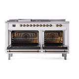 ILVE 60-Inch Nostalgie II Noblesse Natural Gas Dual Fuel Range with 7 Sealed Burners, Gridlde, French Top, and Solid Door Oven in White with Bronze Trim (UN60FSQNMPWHB)