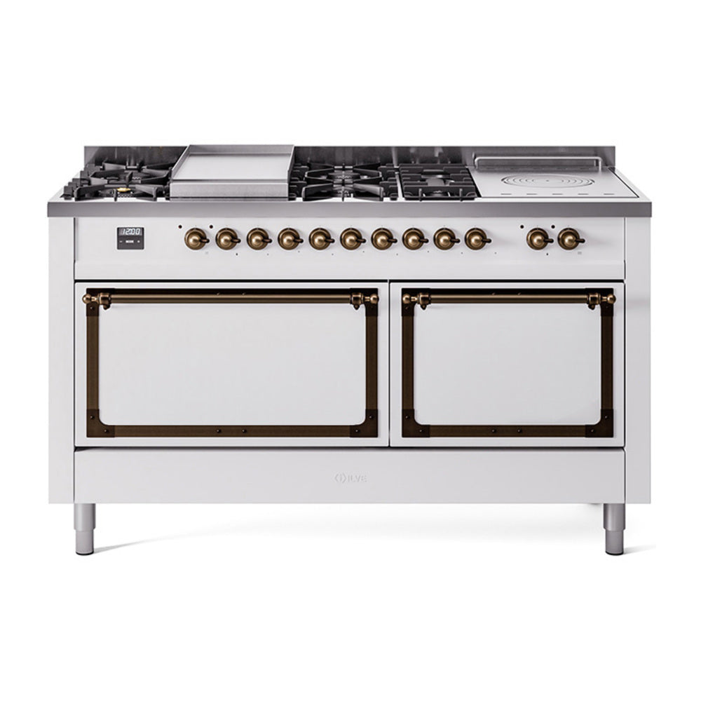 ILVE 60-Inch Nostalgie II Noblesse Natural Gas Dual Fuel Range with 7 Sealed Burners, Gridlde, French Top, and Solid Door Oven in White with Bronze Trim (UN60FSQNMPWHB)