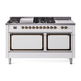 ILVE 60-Inch Nostalgie II Noblesse Natural Gas Dual Fuel Range with 7 Sealed Burners, Gridlde, French Top, and Solid Door Oven in White with Bronze Trim (UN60FSQNMPWHB)