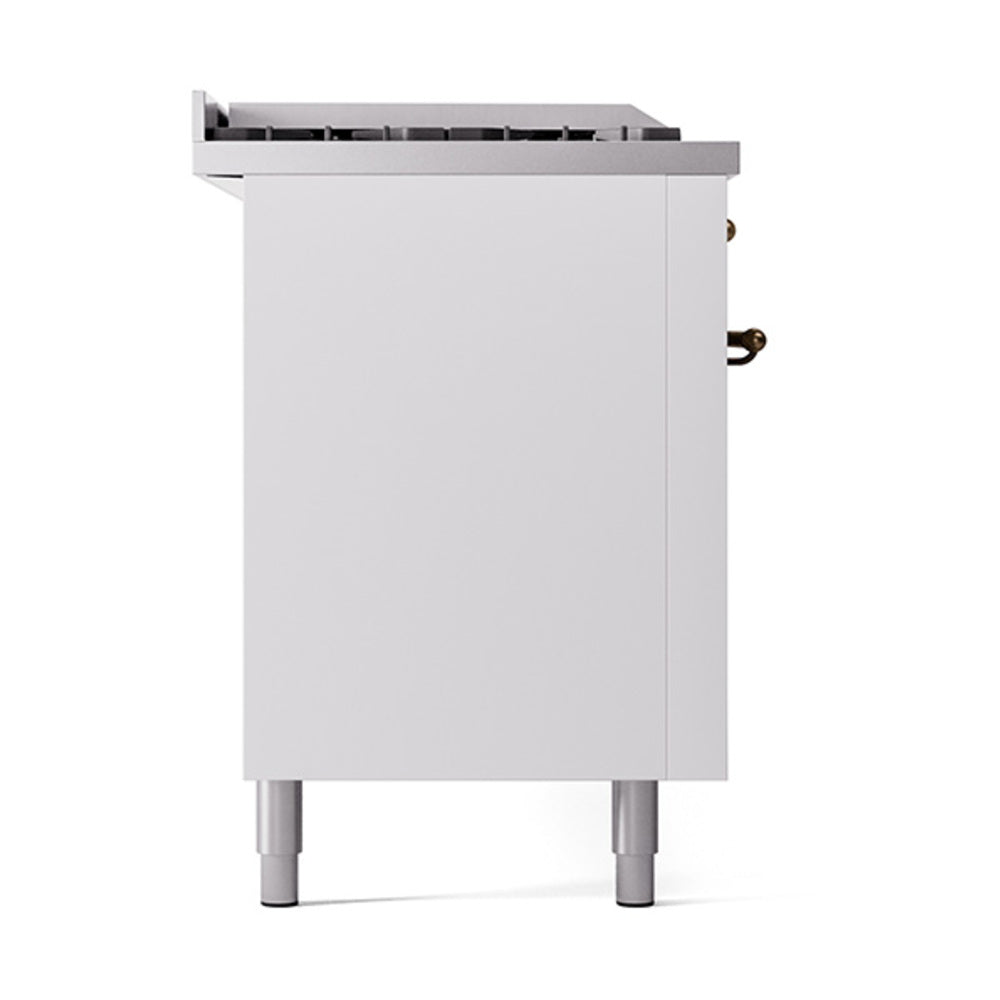 ILVE 60-Inch Nostalgie II Noblesse Natural Gas Dual Fuel Range with 7 Sealed Burners, Gridlde, French Top, and Solid Door Oven in White with Bronze Trim (UN60FSQNMPWHB)
