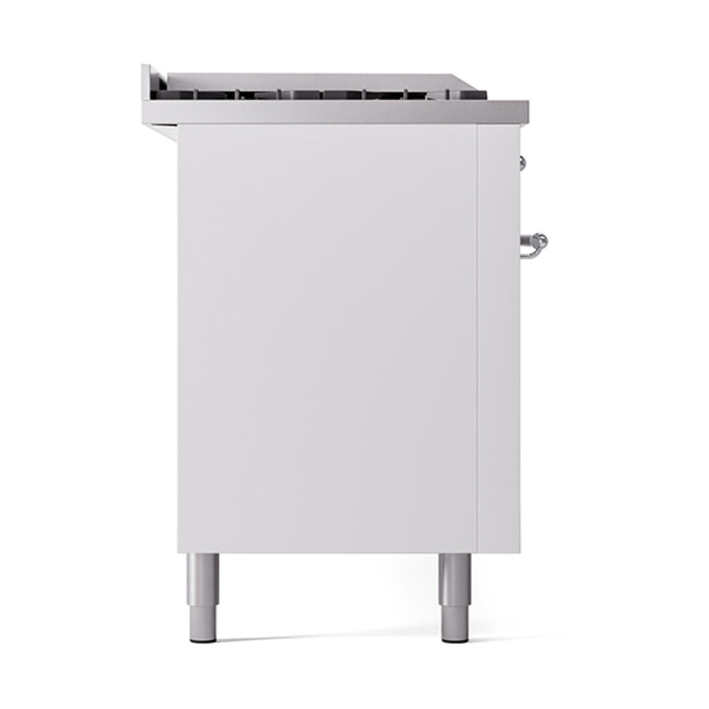 ILVE 60-Inch Nostalgie II Noblesse Natural Gas Dual Fuel Range with 7 Sealed Burners, Gridlde, French Top, and Solid Door Oven in White with Chrome Trim (UN60FSQNMPWHC)