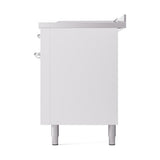 ILVE 60-Inch Nostalgie II Noblesse Natural Gas Dual Fuel Range with 7 Sealed Burners, Gridlde, French Top, and Solid Door Oven in White with Chrome Trim (UN60FSQNMPWHC)
