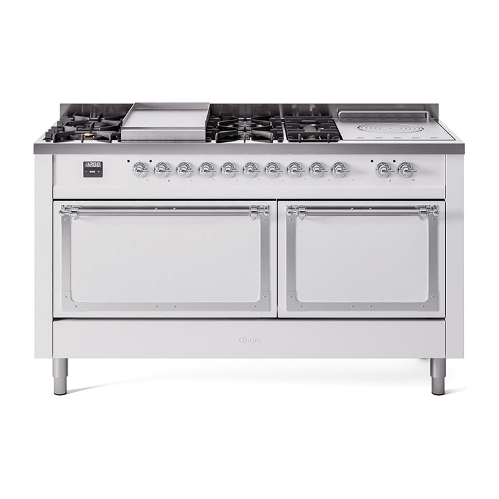 ILVE 60-Inch Nostalgie II Noblesse Natural Gas Dual Fuel Range with 7 Sealed Burners, Gridlde, French Top, and Solid Door Oven in White with Chrome Trim (UN60FSQNMPWHC)