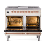 ILVE 40-Inch Nostalgie II Noblesse Propane Gas Dual Fuel Range with Triple Glass Door Oven in Antique White with Copper Trim (UND40FNMPAWPLP)