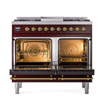 ILVE 40-Inch Nostalgie II Noblesse Natural Gas Dual Fuel Range with Triple Glass Door Oven in Burgundy with Brass Trim (UND40FNMPBUG)