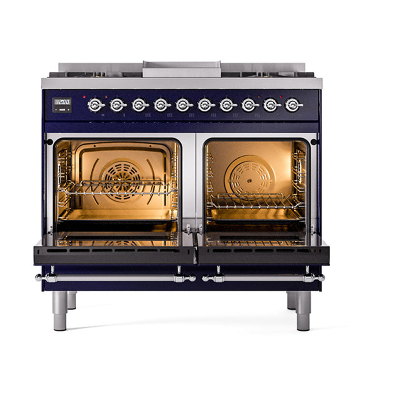 ILVE 40-Inch Nostalgie II Noblesse Natural Gas Dual Fuel Range with Triple Glass Door Oven in Midnight Blue with Chrome Trim (UND40FNMPMBC)