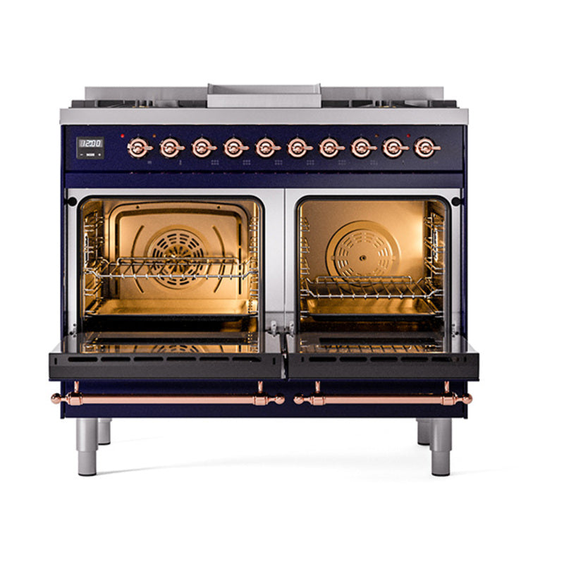 ILVE 40-Inch Nostalgie II Noblesse Natural Gas Dual Fuel Range with Triple Glass Door Oven in Midnight Blue with Copper Trim (UND40FNMPMBP)