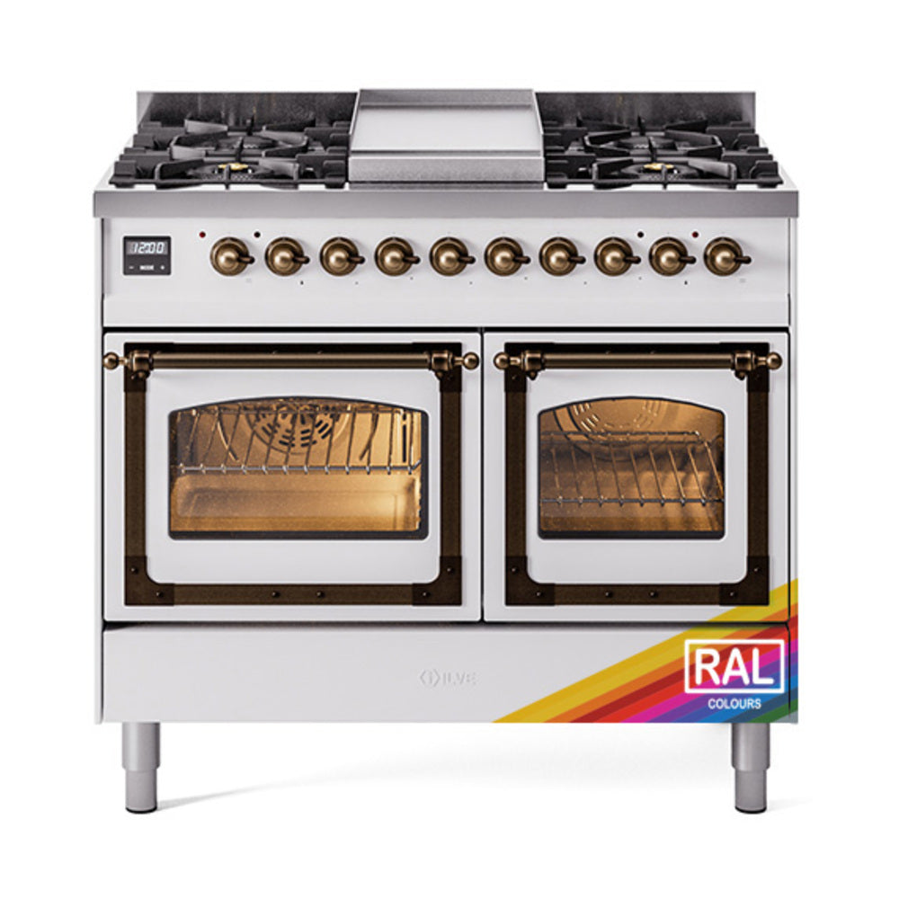 ILVE 40-Inch Nostalgie II Noblesse Propane Gas Dual Fuel Range with Triple Glass Door Oven in Custom RAL with Bronze Trim (UND40FNMPRABLP)