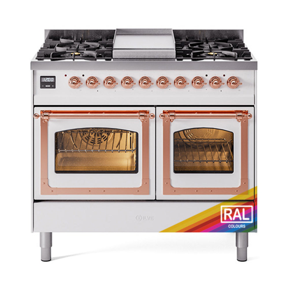 ILVE 40-Inch Nostalgie II Noblesse Propane Gas Dual Fuel Range with Triple Glass Door Oven in Custom RAL with Copper Trim (UND40FNMPRAPLP)