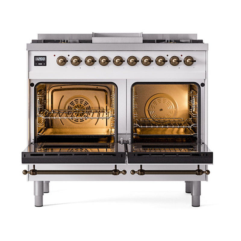 ILVE 40-Inch Nostalgie II Noblesse Natural Gas Dual Fuel Range with Triple Glass Door Oven in White with Bronze Trim (UND40FNMPWHB)