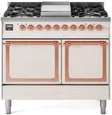 ILVE 40-Inch Nostalgie II Noblesse Propane Gas Dual Fuel Range with Solid Door Oven in Antique White with Copper Trim (UND40FQNMPAWPLP)