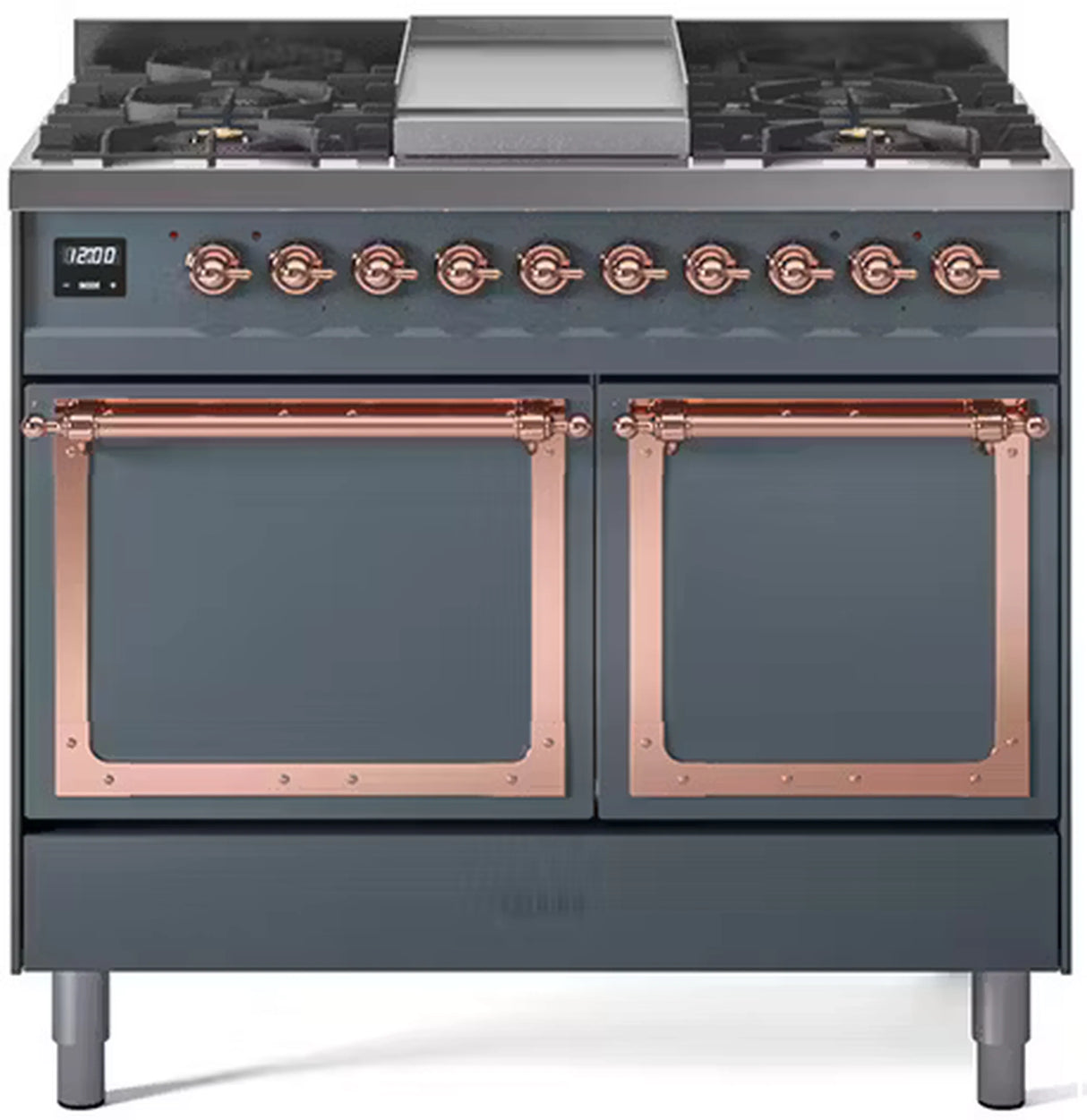 ILVE 40-Inch Nostalgie II Noblesse Propane Gas Dual Fuel Range with Solid Door Oven in Blue Grey with Copper Trim (UND40FQNMPBGPLP)
