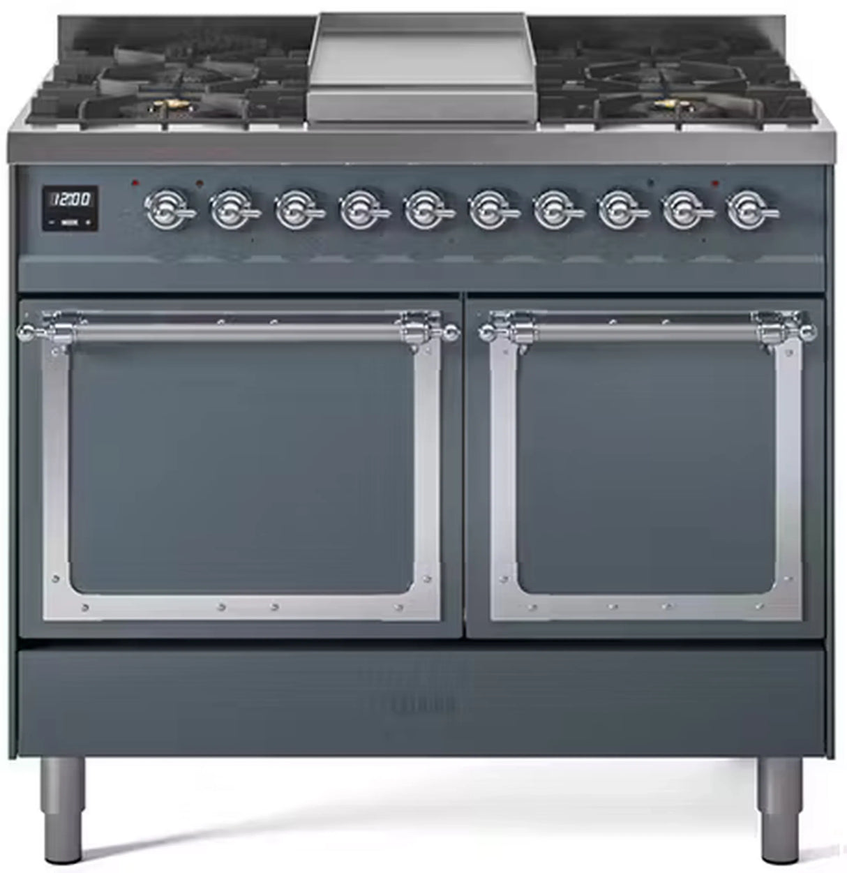 ILVE 40-Inch Nostalgie II Noblesse Natural Gas Dual Fuel Range with Solid Door Oven in Blue Grey with Chrome Trim (UND40FQNMPBGC)