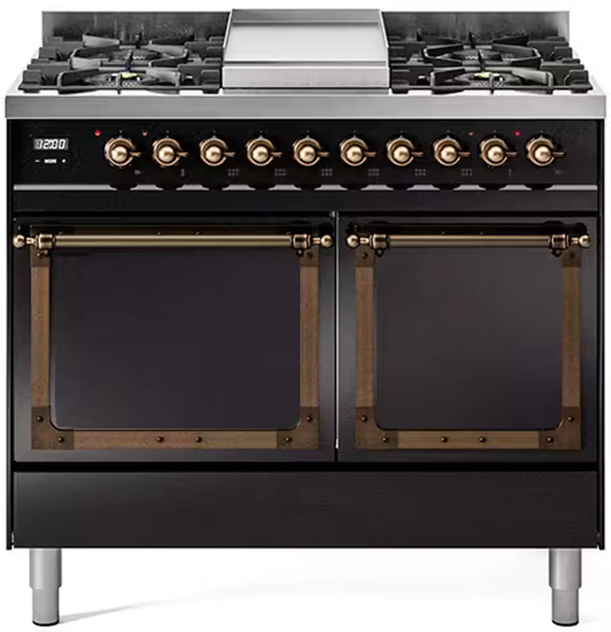 ILVE 40-Inch Nostalgie II Noblesse Propane Gas Dual Fuel Range with Solid Door Oven in Glossy Black with Bronze Trim (UND40FQNMPBKBLP)