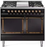 ILVE 40-Inch Nostalgie II Noblesse Propane Gas Dual Fuel Range with Solid Door Oven in Glossy Black with Bronze Trim (UND40FQNMPBKBLP)