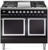 ILVE 40-Inch Nostalgie II Noblesse Natural Gas Dual Fuel Range with Solid DOor Oven in Glossy Black with Chrome Trim (UND40FQNMPBKC)