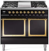 ILVE 40-Inch Nostalgie II Noblesse Propane Gas Dual Fuel Range with Solid Door Oven in Glossy Black with Brass Trim (UND40FQNMPBKGLP)
