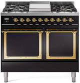 ILVE 40-Inch Nostalgie II Noblesse Natural Gas Dual Fuel Range with Solid Door Oven in Glossy Black with Brass Trim (UND40FQNMPBKG)