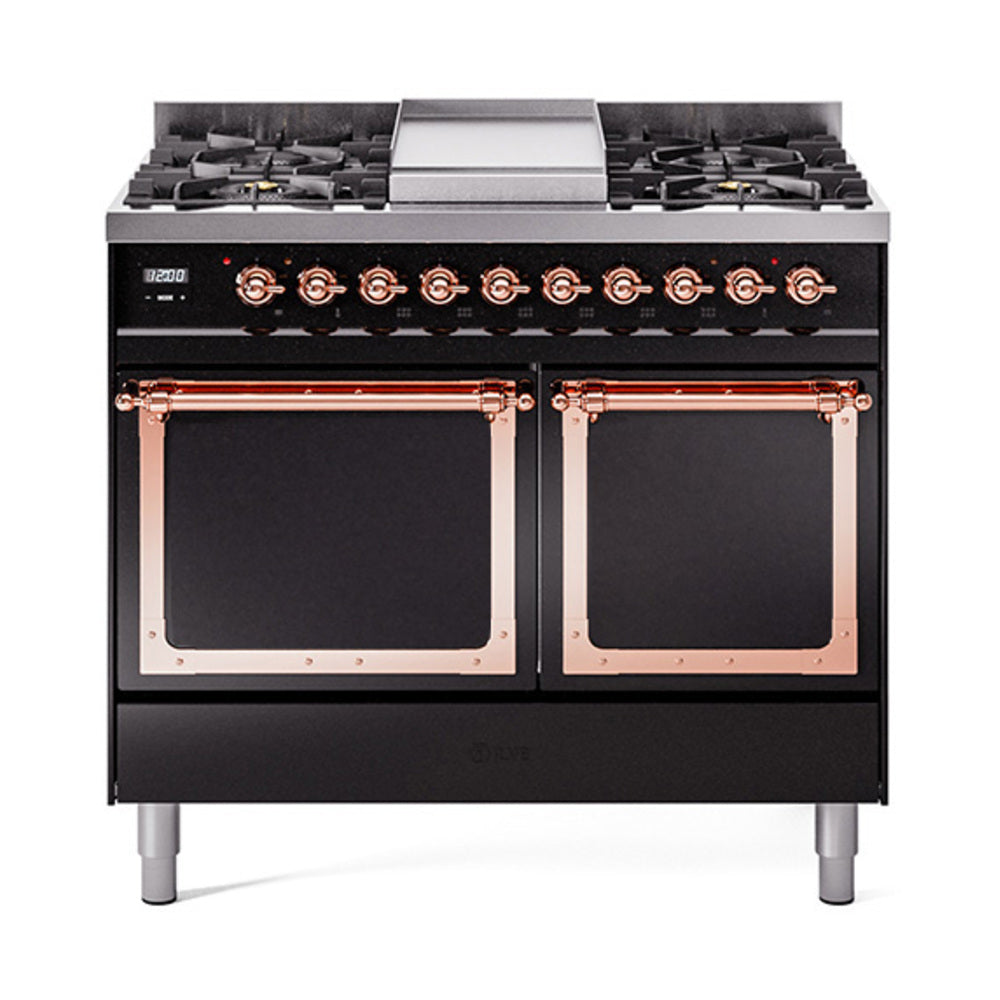 ILVE 40-Inch Nostalgie II Noblesse Propane Gas Dual Fuel Range with Solid Door Oven in Glossy Black with Copper Trim (UND40FQNMPBKPLP)