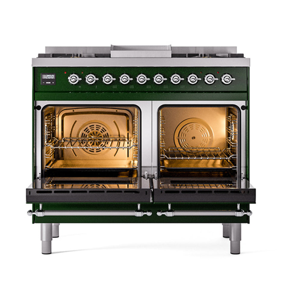 ILVE 40-Inch Nostalgie II Noblesse Propane Gas Dual Fuel Range with Solid Door Oven in Emerald Green with Chrome Trim (UND40FQNMPEGCLP)