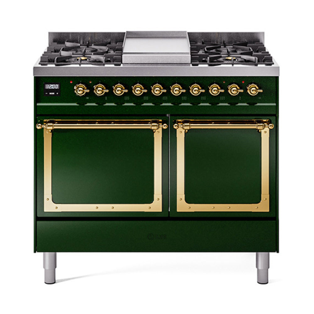 ILVE 40-Inch Nostalgie II Noblesse Propane Gas Dual Fuel Range with Solid Door Oven in Emerald Green with Brass Trim (UND40FQNMPEGGLP)