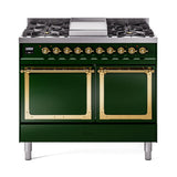 ILVE 40-Inch Nostalgie II Noblesse Propane Gas Dual Fuel Range with Solid Door Oven in Emerald Green with Brass Trim (UND40FQNMPEGGLP)