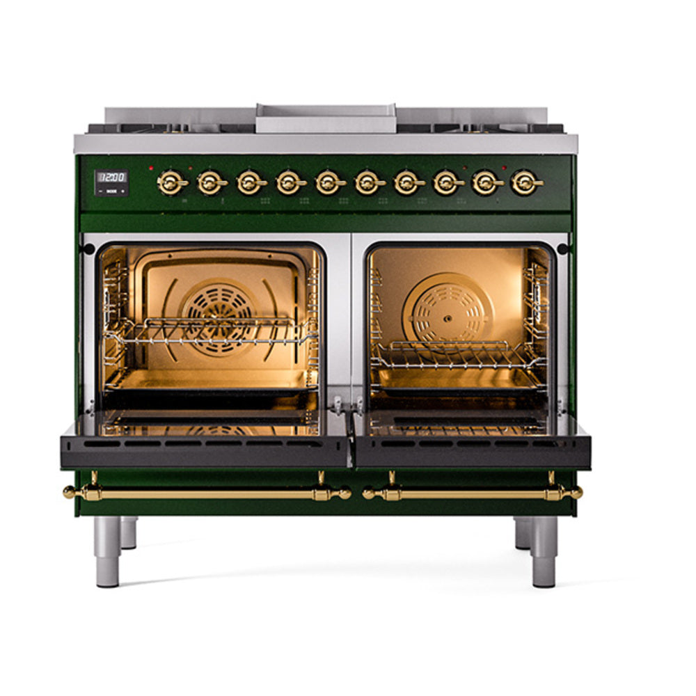 ILVE 40-Inch Nostalgie II Noblesse Propane Gas Dual Fuel Range with Solid Door Oven in Emerald Green with Brass Trim (UND40FQNMPEGGLP)