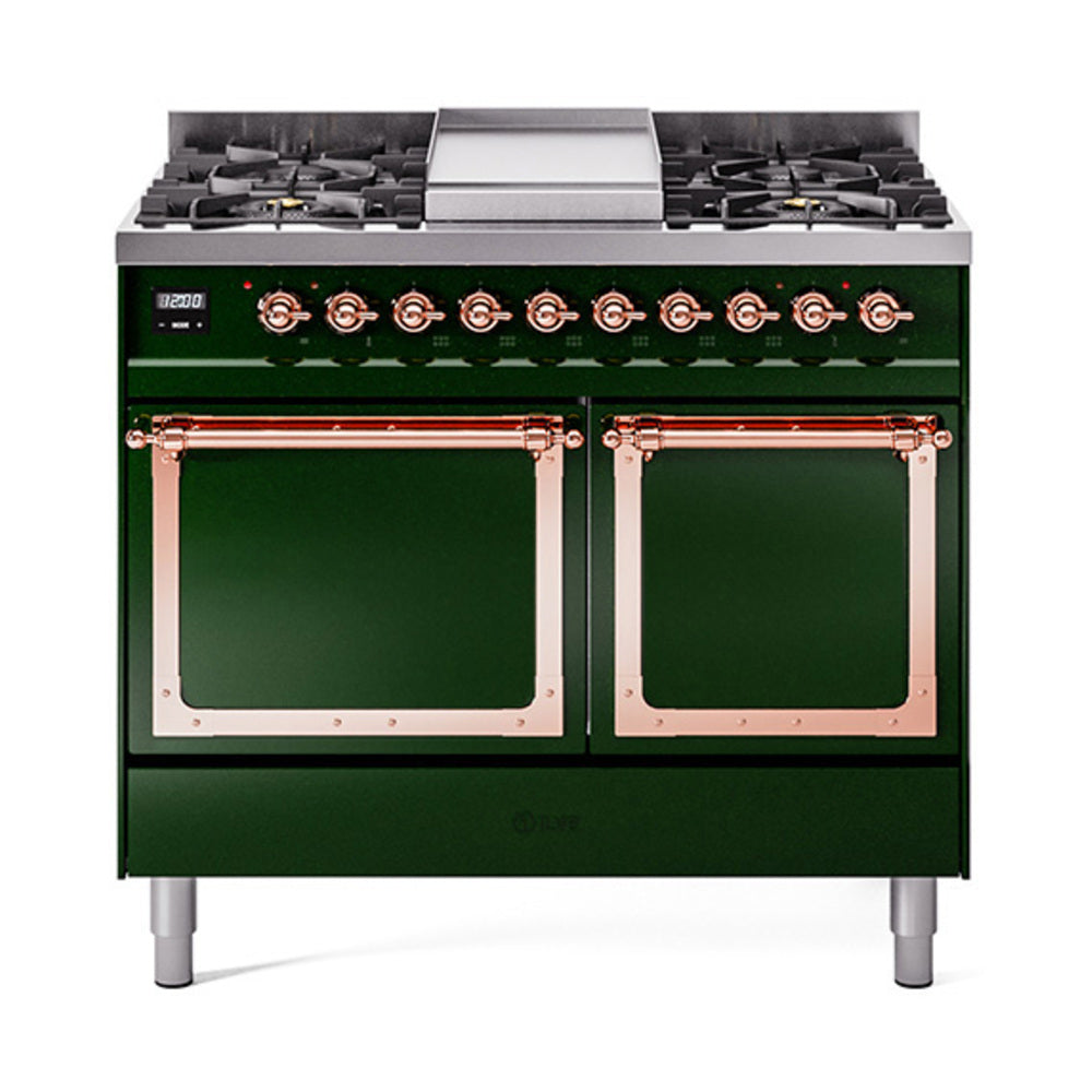 ILVE 40-Inch Nostalgie II Noblesse Propane Gas Dual Fuel Range with Solid Door Oven in Emerald Green with Copper Trim (UND40FQNMPEGPLP)