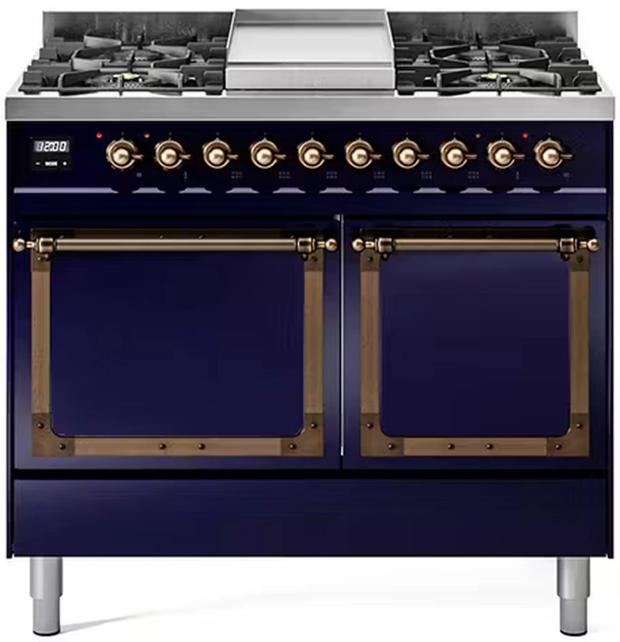 ILVE 40-Inch Nostalgie II Noblesse Propane Gas Dual Fuel Range with Solid Door Oven in Midnight Blue with Bronze Trim (UND40FQNMPMBBLP)