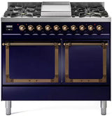 ILVE 40-Inch Nostalgie II Noblesse Propane Gas Dual Fuel Range with Solid Door Oven in Midnight Blue with Bronze Trim (UND40FQNMPMBBLP)