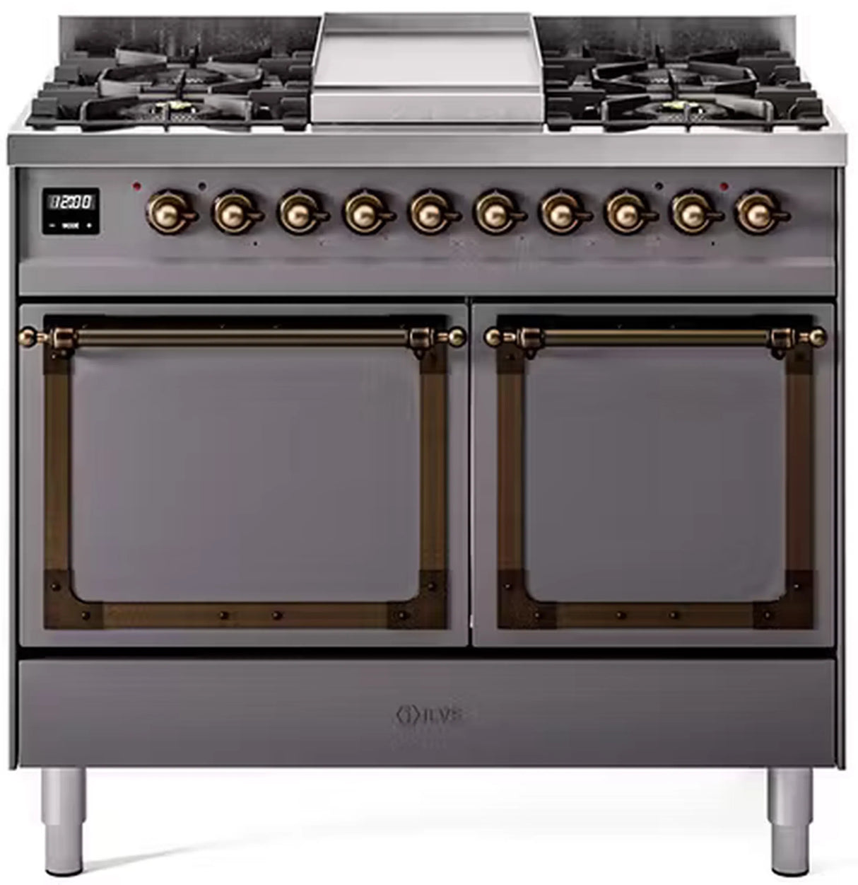 ILVE 40-Inch Nostalgie II Noblesse Natural Gas Dual Fuel Range with Solid Door Oven in Matte Graphite with Bronze Trim (UND40FQNMPMGB)