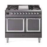 ILVE 40-Inch Nostalgie II Noblesse Natural Gas Dual Fuel Range with Solid Door Oven in Matte Graphite with Chrome Trim (UND40FQNMPMGC)