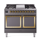 ILVE 40-Inch Nostalgie II Noblesse Propane Gas Dual Fuel Range with Solid Door Oven in Matte Graphite with Brass Trim (UND40FQNMPMGGLP)