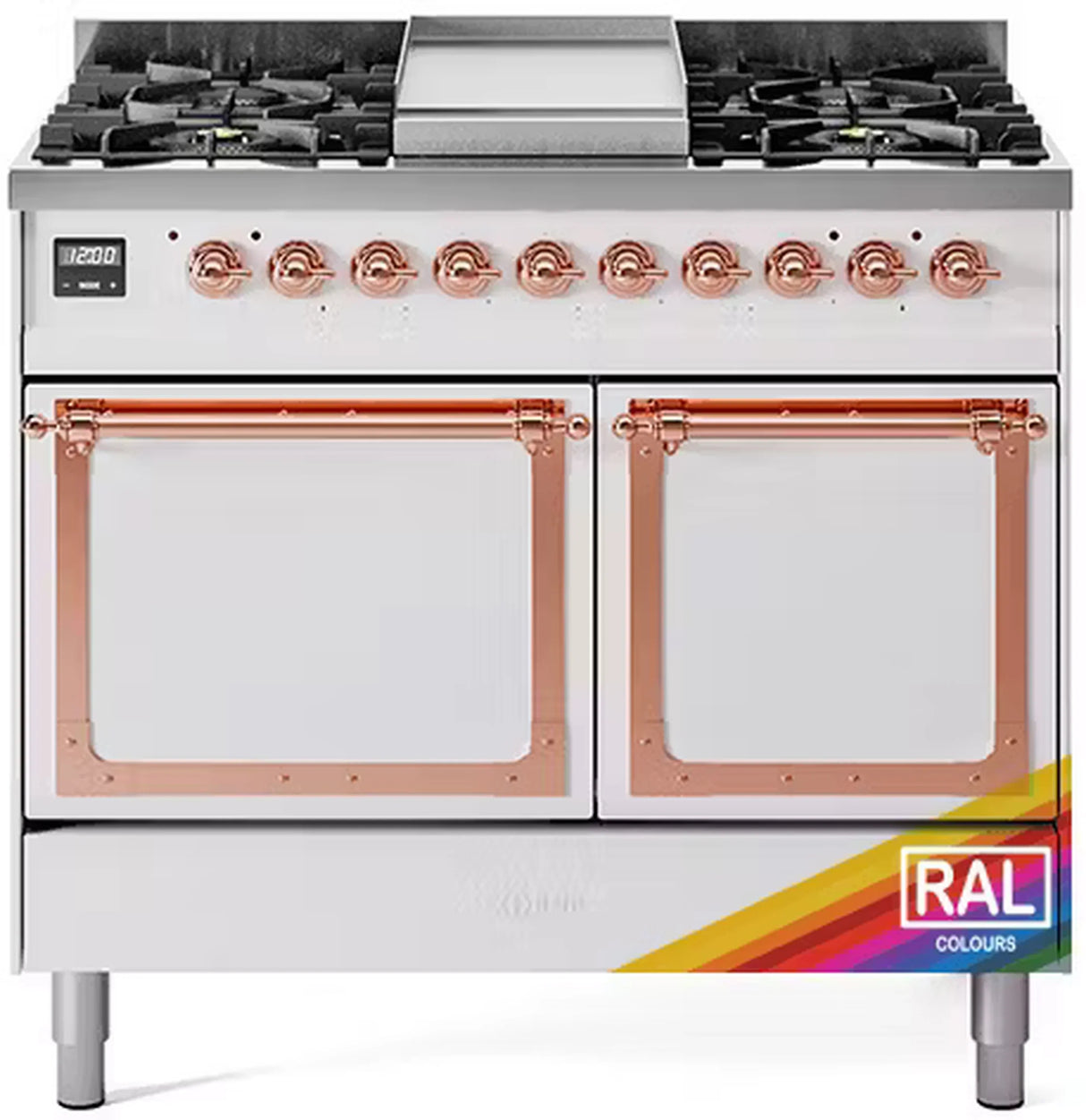 ILVE 40-Inch Nostalgie II Noblesse Natural Gas Dual Fuel Range with Solid Door Oven in Custom RAL with Copper Trim (UND40FQNMPRAP)