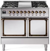 ILVE 40-Inch Nostalgie II Noblesse Propane Gas Dual Fuel Range with Solid Door Oven in Stainless Steel with Bronze Trim (UND40FQNMPSSBLP)