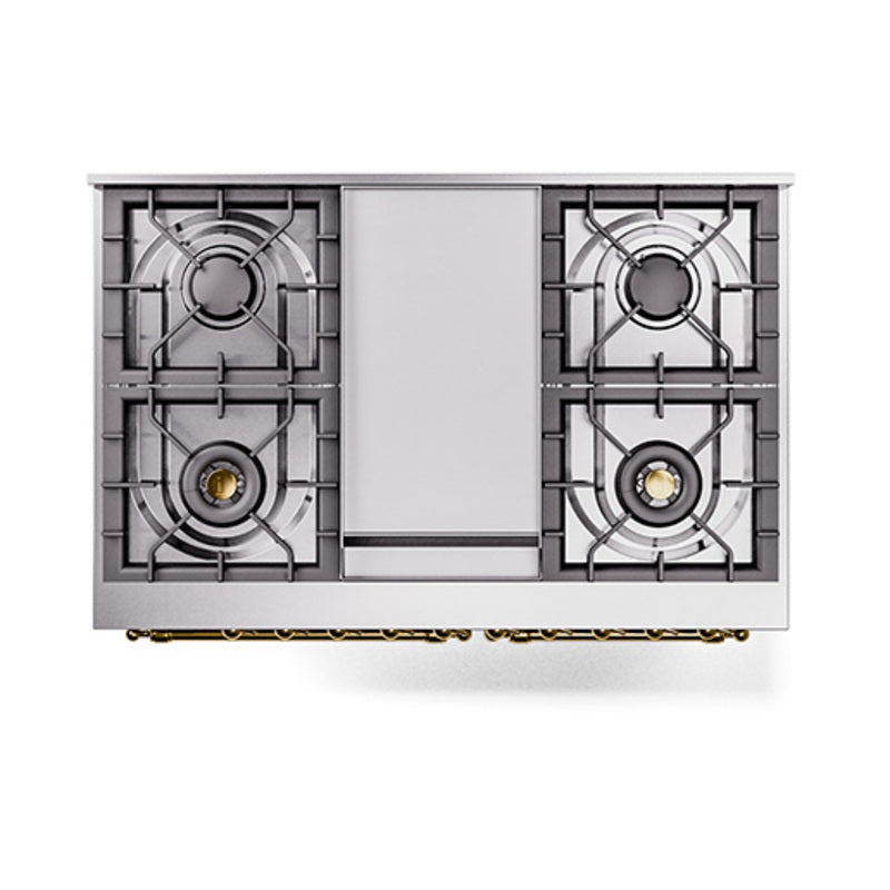 ILVE 40-Inch Nostalgie II Noblesse Propane Gas Dual Fuel Range with Solid Door Oven in Stainless Steel with Brass Trim (UND40FQNMPSSGLP)