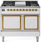 ILVE 40-Inch Nostalgie II Noblesse Propane Gas Dual Fuel Range with Solid Door Oven in White with Brass Trim (UND40FQNMPWHGLP)