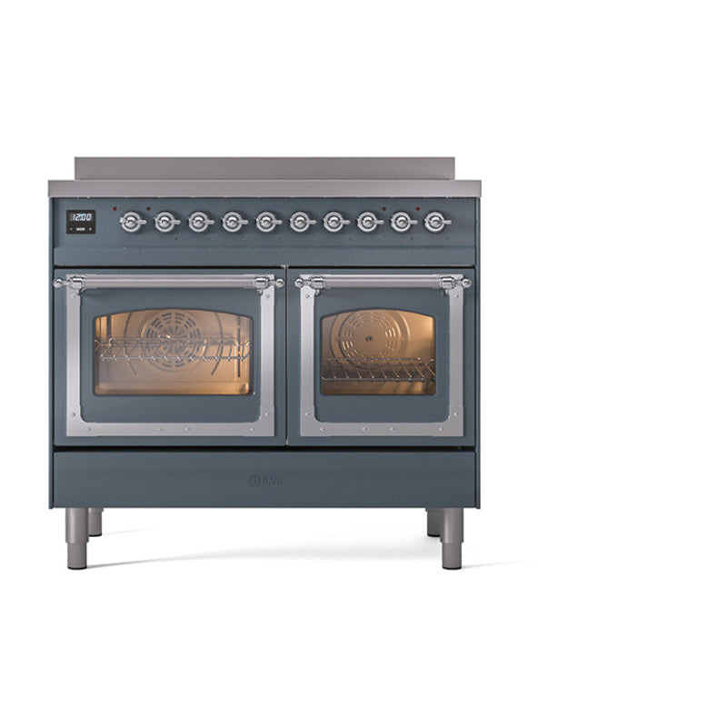 ILVE 40-Inch Nostalgie II Noblesse Induction Range with Triple Glass Door in Blue Grey with Chrome Trim (UNDI406NMPBGC)