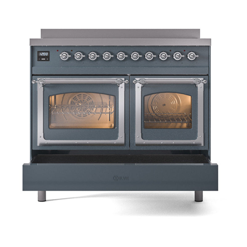 ILVE 40-Inch Nostalgie II Noblesse Induction Range with Triple Glass Door in Blue Grey with Chrome Trim (UNDI406NMPBGC)