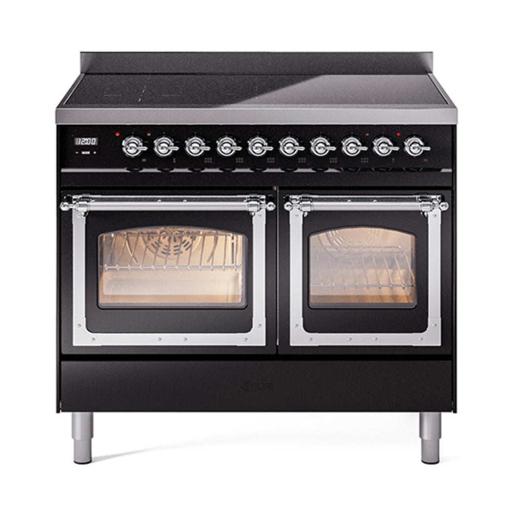 ILVE 40-Inch Nostalgie II Noblesse Induction Range with Triple Glass Door in Glossy Black with Chrome Trim (UNDI406NMPBKC)