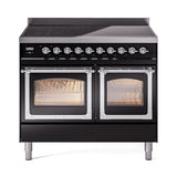 ILVE 40-Inch Nostalgie II Noblesse Induction Range with Triple Glass Door in Glossy Black with Chrome Trim (UNDI406NMPBKC)
