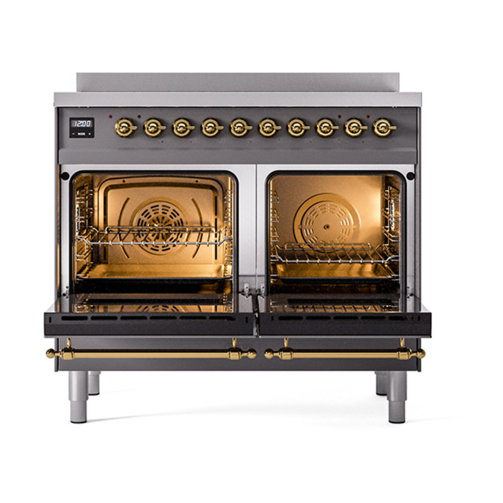 ILVE 40-Inch Nostalgie II Noblesse Induction Range with Triple Glass Door in Matte Graphite with Brass Trim (UNDI406NMPMGG)