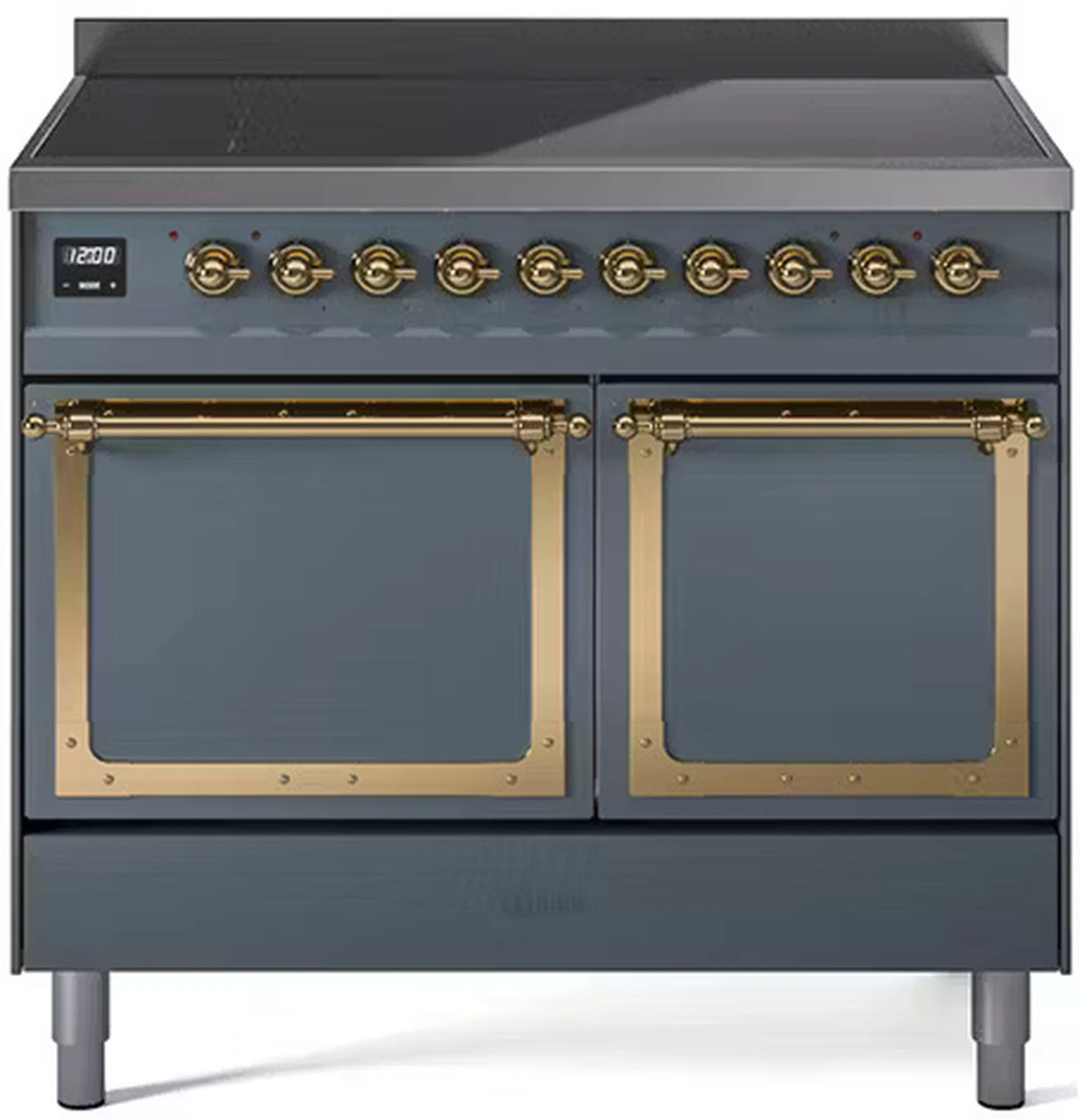 ILVE 40-Inch Nostalgie II Noblesse Induction Range with Solid Door Oven in Blue Grey with Brass Trim (UNDI406QNMPBGG)