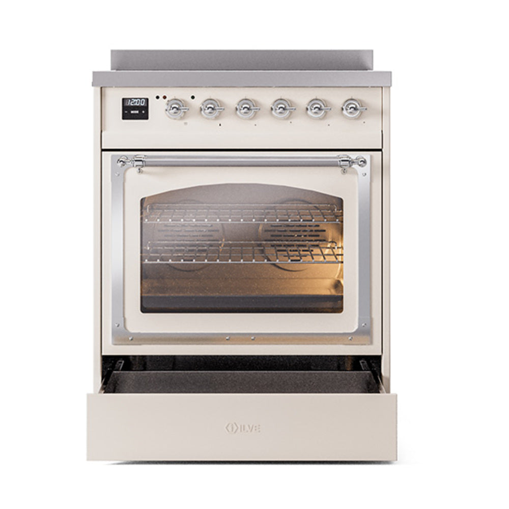ILVE Nostalgie II Noblesse 30-Inch Induction Range with Triple Glass Door in Antique White with Chrome Trim (UNI304NMPAWC)