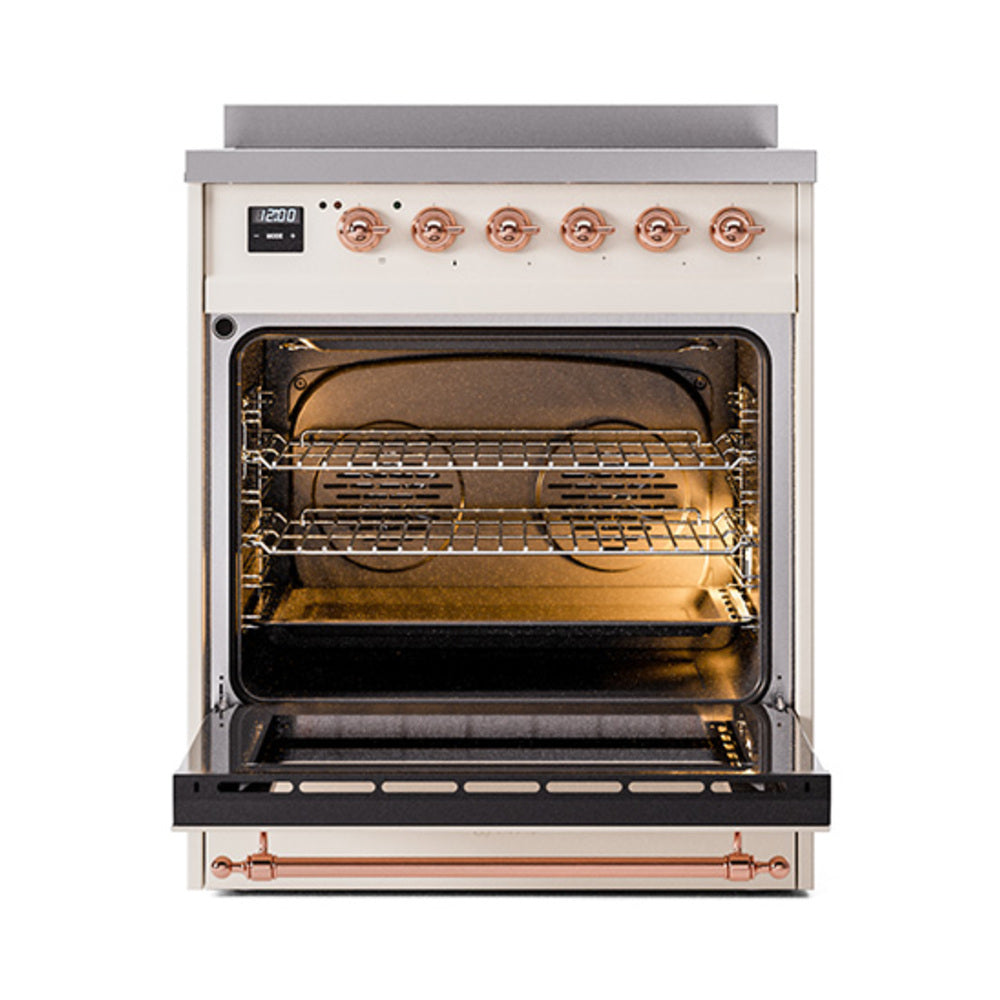 ILVE Nostalgie II Noblesse 30-Inch Induction Range with Triple Glass Door in Antique White with Copper Trim (UNI304NMPAWP)