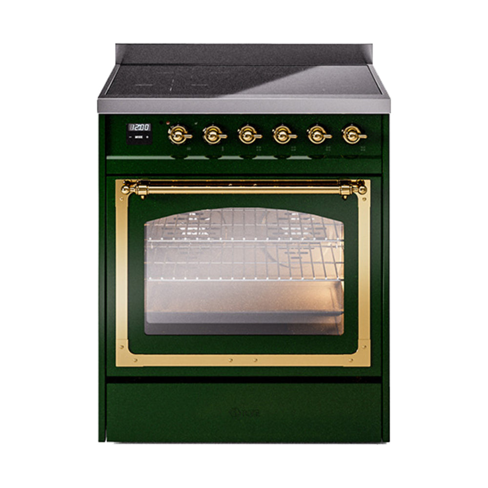 ILVE Nostalgie II Noblesse 30-Inch Induction Range with Triple Glass Door in Emerald Green with Brass Trim (UNI304NMPEGG)