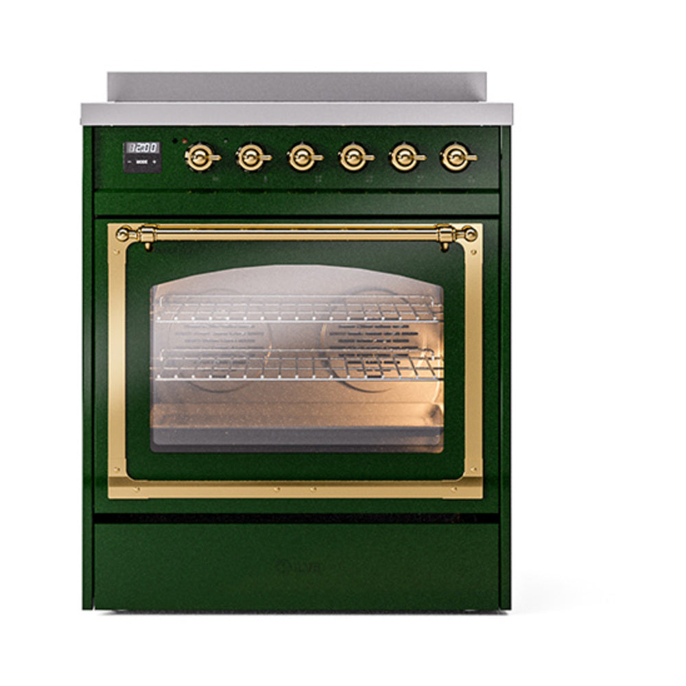ILVE Nostalgie II Noblesse 30-Inch Induction Range with Triple Glass Door in Emerald Green with Brass Trim (UNI304NMPEGG)