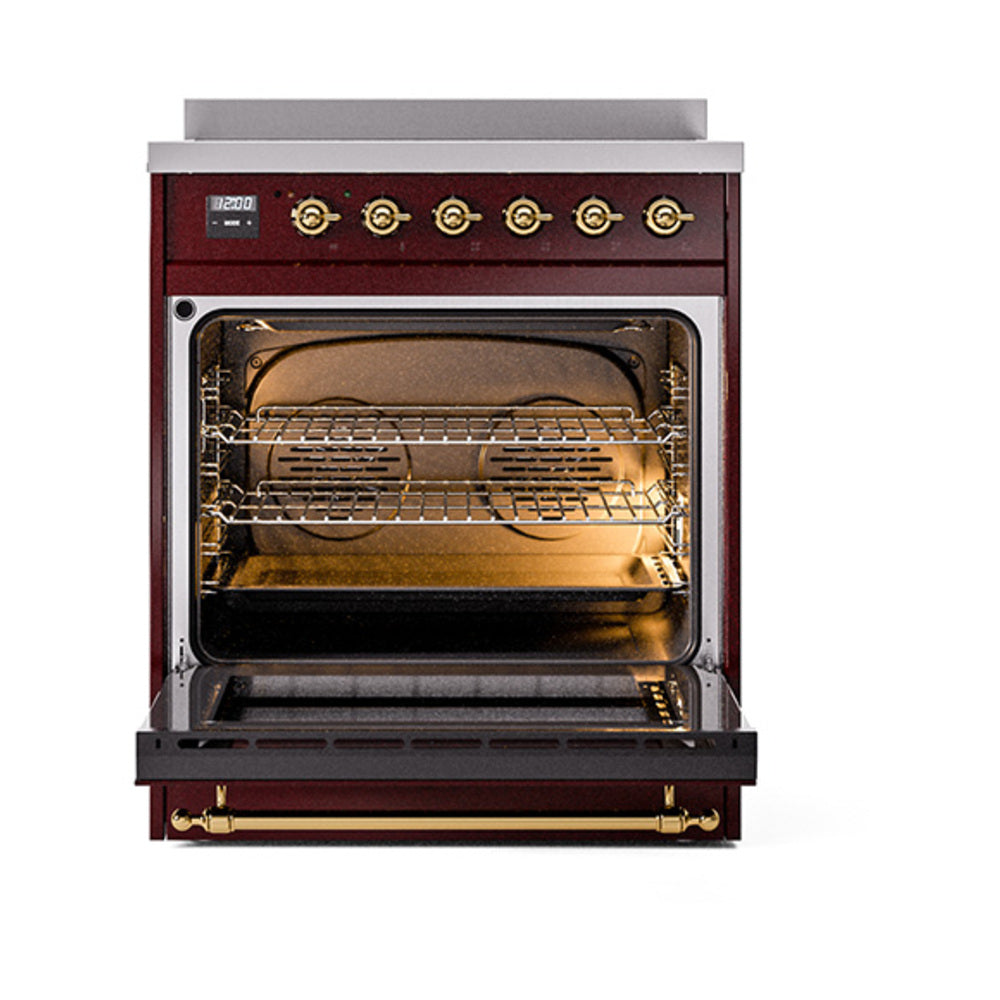 ILVE 30-Inch Nostalgie II Noblesse Induction Range with Solid Door Oven in Burgundy with Brass Trim (UNI304QNMPBUG)